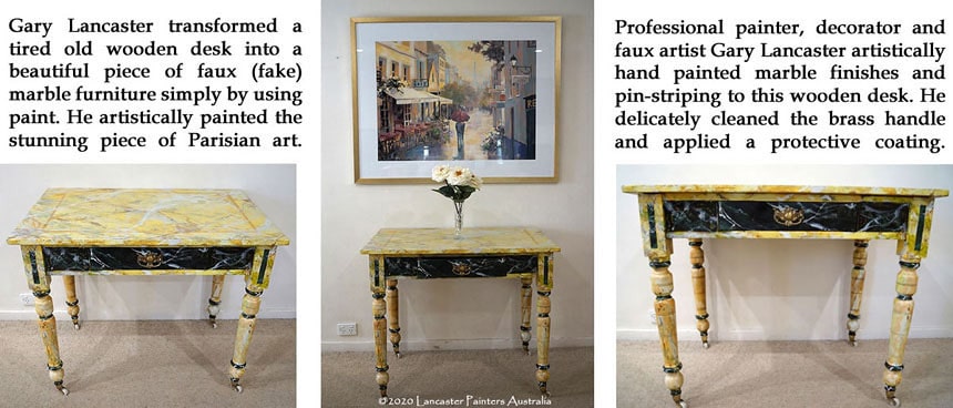 Hand Painted Faux Marble Desk and Parisian Art